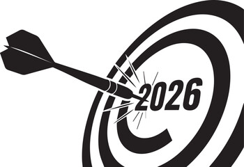 Black dart hitting bullseye with year 2026 in center on white background target 1