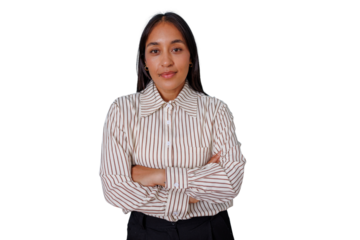 Confident businesswoman with arms crossed standing in beige striped shirt, looking at camera on transparent background