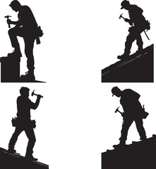 Carpenter hammering rooftop at sunrise