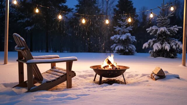 Cozy winter fire pit with snow and lights at twilight offers warmth and light during cold winter days. Winter fire pit setting shows Adirondack chair beside a burning fire bowl.