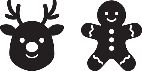 Black silhouette of a reindeer face with antlers and a gingerbread man on a white background christmas © Natural vibes