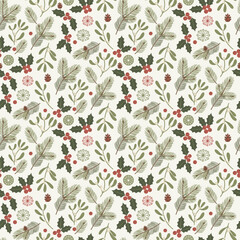 Christmas Seamless Pattern. Botanical Greenery Winter Foliage. Pine Holly Berries Mistletoe Design Vector. Texture Wallpaper Fabric Textile Print Seasonal Decor.