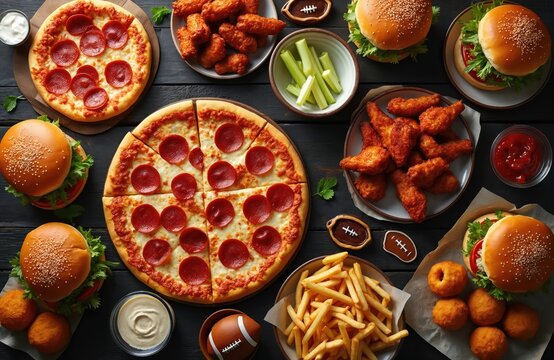 Super Bowl party spread features pizza, hamburgers, chicken wings, french fries, and snacks on a dark wood table. Offers variety of popular game day foods. Perfect for watching sports.
