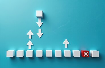 White arrows indicate different paths from a top block. Some arrows point down, others up. One red block stops progress. Alternative plans, flexibility, resilience.