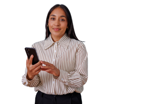 Young businesswoman smiling while using mobile phone, connecting and communicating, transparent background