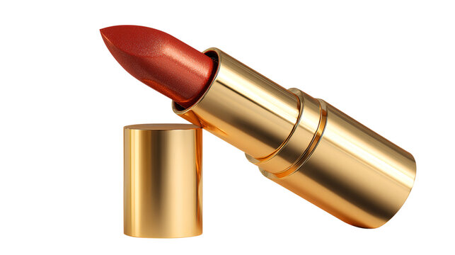 Red Shimmer Lipstick in Gold Casing with Open Cap on White isolated on a transparent background
