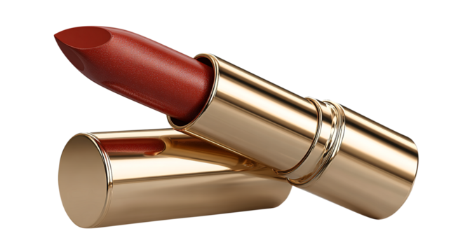 Red Lipstick with Gold Case on White Background makeup isolated on a transparent background