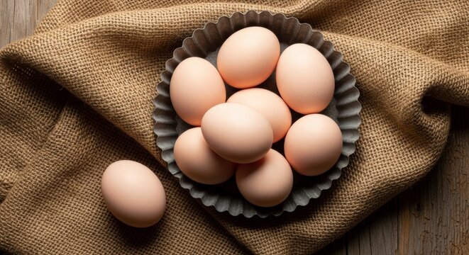 Breakfast Delight: A charming, high-angle shot showcasing a collection of fresh, brown eggs arranged on a rustic, tin plate resting atop a burlap cloth.
