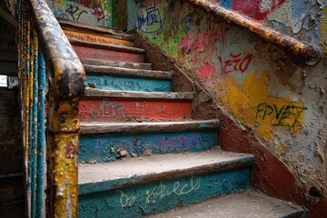 Peeling Painted Stairs with Graffiti