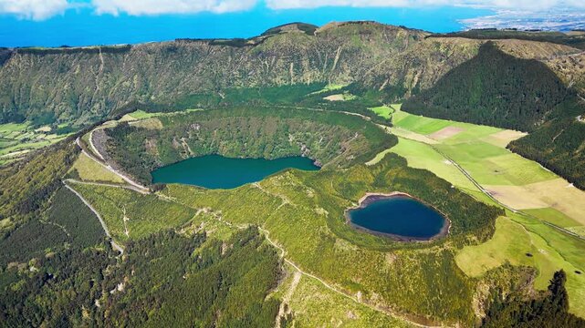 Aerial shot of Lagoa das Sete Cidades - lakes on Sao Miguel Island, Portuguese archipelago of Azores