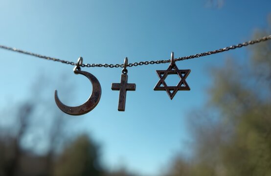Islamic crescent, Christian cross, Jewish Star of David hang on thin chain against bright blue sky background with soft green trees. Symbols represent major world religions, harmony, diversity,