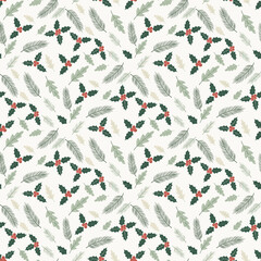 Christmas Botanical Foliage Seamless Pattern. Elegant Winter Greenery Illustration. Pine Branches Holly Leaves Red Berries Vector. Fabric Textile Wallpaper. Wrapping Paper.