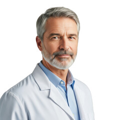 Mature male doctor in white lab coat isolated on transparent background