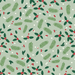Holiday Botanical Foliage Seamless Pattern. Christmas Illustration Green Pine Branches. Holly Red Berries Vector. Perfect Fabric Textile Wallpaper Wrapping Paper Design.