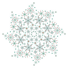 Winter round ornament of graceful snowflakes. Green snowflakes on white background. Winter mandala ornament illustration. Christmas holiday decor