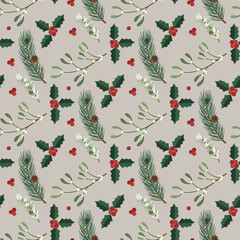 Christmas Botanical Seamless Pattern. Winter Foliage Red Berries Illustration. Festive Pine Holly Mistletoe Vector Art Print. Fabric Textile Design. Wallpaper Wrapping Paper.