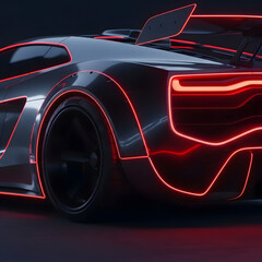 Futuristic car with red neon accents and geometric design