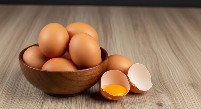 Fresh Eggs: A wooden bowl overflows with fresh, brown eggs alongside a cracked egg revealing a vibrant yolk, resting on a textured wooden surface. - Powered by Adobe