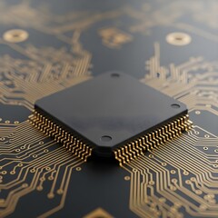 Macro 3D render of a central processor (CPU) with gold pins on a dark circuit board