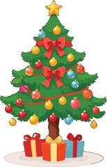 Cartoon vector illustration of Santa Claus and decorated Christmas tree with presents isolated on white
