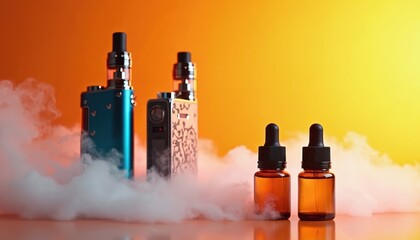 Electronic cigarettes and vape oils on an orange background with smoke. Modern vaping devices and accessories for smokers, tobacco alternatives and nicotine addiction treatment.
