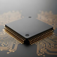 Detailed 3D illustration of a computer microchip on a dark motherboard with golden traces
