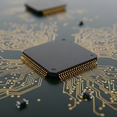 Technology background with a central processing unit (CPU) on a green printed circuit board