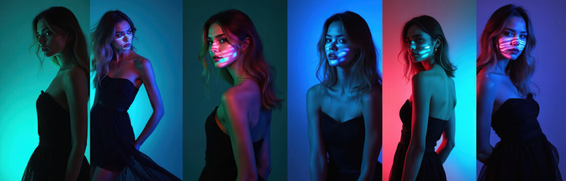 Collage of diverse woman portraits in elegant black dresses under vibrant neon light. Faces feature abstract light patterns, shadows creating futuristic cyberpunk mood. Models pose against colorful - Powered by Adobe
