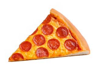 Slice of pepperoni pizza with melted cheese, golden crust, and spicy sausage topping, isolated on transparency background, delicious and appetizing fast food meal