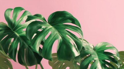 Fototapeta premium Large, vibrant monstera leaves stand out against a soft pink background, providing a fresh and tropical feel to the scene. This arrangement highlights natural beauty and style.