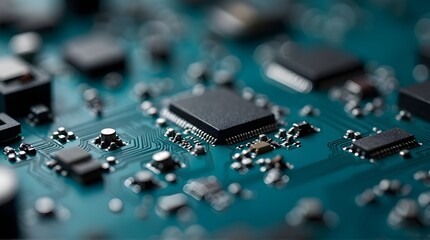 Blue-green technology background showing a macro view of a PCB with microchips and circuitry
