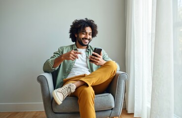 Smiling man with curly hair sits in armchair holding smartphone. He points finger at screen while looking at it, enjoying leisure time at home. Relaxed mood, positive expression, modern device use.