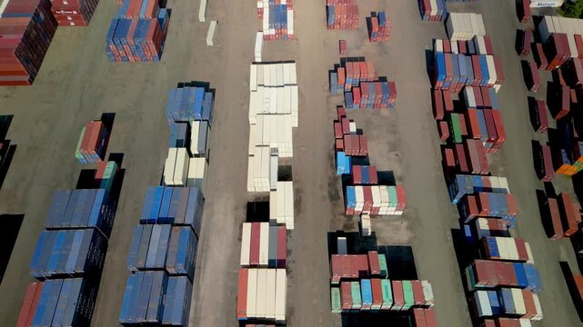 Aerial view of container port in Detroit with many colorful containers