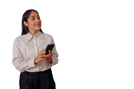 Professional woman smiling, using smartphone, browsing online content, connecting with technology, transparent background