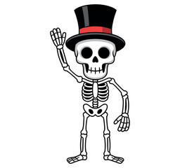 Fototapeta premium A friendly skeleton wearing a top hat waves hello with its hand and stands against a white background.