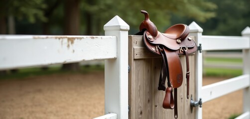 Brown leather horse saddle hangs on rustic wooden stable gate. This equestrian tack is ready for pro riding event. Quality equipment is outdoors on sunny day at ranch or farm. Rural life scene.