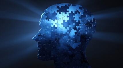 Puzzle of the Mind: An illuminated human head composed of interconnected puzzle pieces against a dark backdrop, symbolizing the complexities of thought, innovation and creativity.