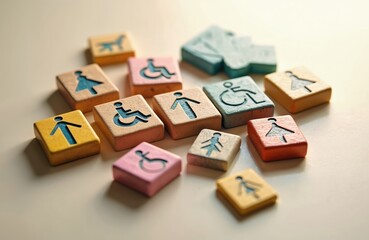 Wooden blocks with icons for men, women, disabled people, pets represent inclusion, equality. Diverse symbols show accessibility, fair treatment in society, workplaces. Grouped blocks symbolize