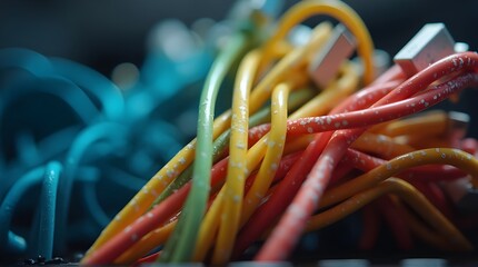 Abstract Close-up of Wet, Texture-Damaged Multicolored Network Cables