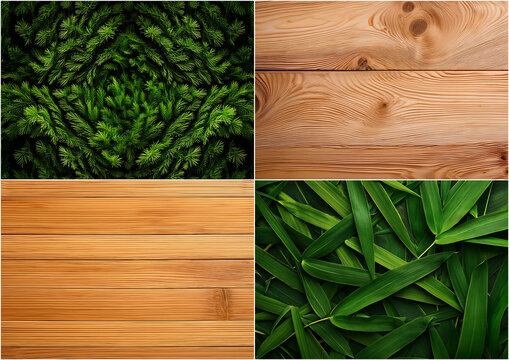 Four HD plant-based textures : fir branches, fir plank, bamboo leaves, bamboo plank.