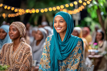 Fototapeta premium Smiling woman in blue hijab enjoys lively gathering under sparkling lights during a warm evening celebration