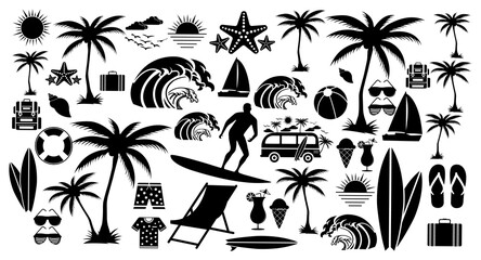 Collection of beach silhouette icon set. Tropical summer vacation elements in black outline. Perfect for palm trees, waves, surfboards, sunsets, sailboats, drinks & summer vacation elements. © Graphic Design