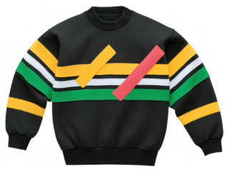 Colorful striped sweater with yellow, green, white, and black horizontal bands, accented by bold geometric red and yellow patches, modern and playful fashion style