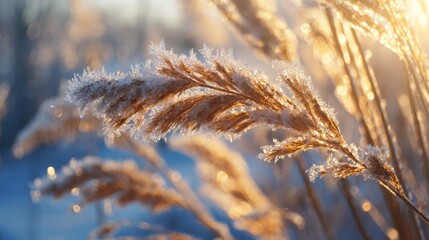 Reeds are coated in frost, sparkling in the soft morning light. The tranquil scene captures the beauty of nature during winter, highlighting the cold yet enchanting atmosphere.