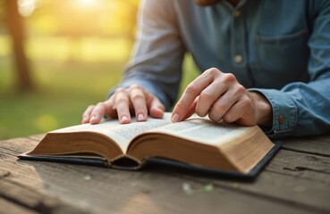 Man reads open bible book on rustic wooden table outside in garden. Traces sacred text with finger, deeply focused on holy message. Warm sunlight filters through green trees. Person learns, studies,
