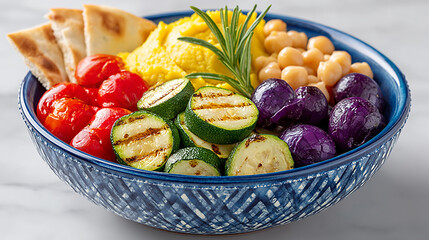 mediterranean bowl, pita chips, roasted veggies, chickpea mash, marble ceramic bowl 