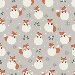 Christmas Fox Vector. Seamless Curious Fox Pattern with Snowflakes and Mistletoe. Winter seamless pattern Background.