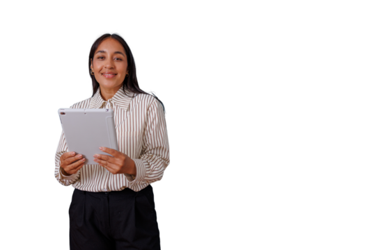 Professional businesswoman smiling, holding a tablet, engaging with technology and digital communication, transparent background - Powered by Adobe