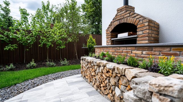 Brick Oven and Landscape Design Outdoor Cooking Space with Wood Storage Wall, Backyard, Patio