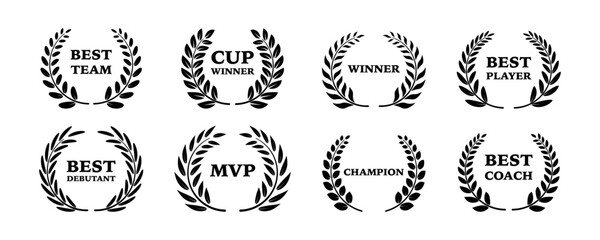 Sport awards and best nominee award wreaths on white background.  Laurel wreath icon. Symbol of victory, achievement, honor, quality product, or success. Vector illustration